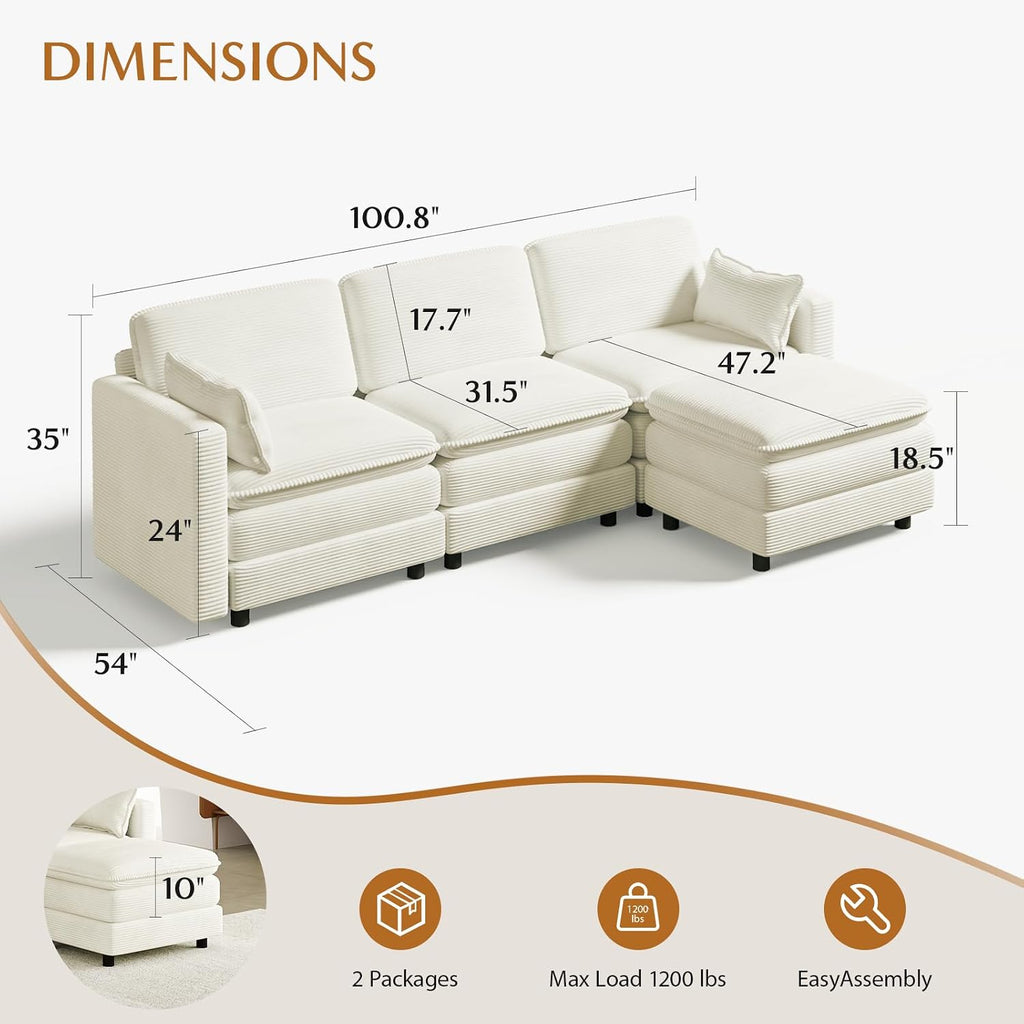 L Shaped Couch Sectional Sofa with Chaise 3 Seat Couch Modular Cloud Sofa Corduroy Couch Cream White Living Room