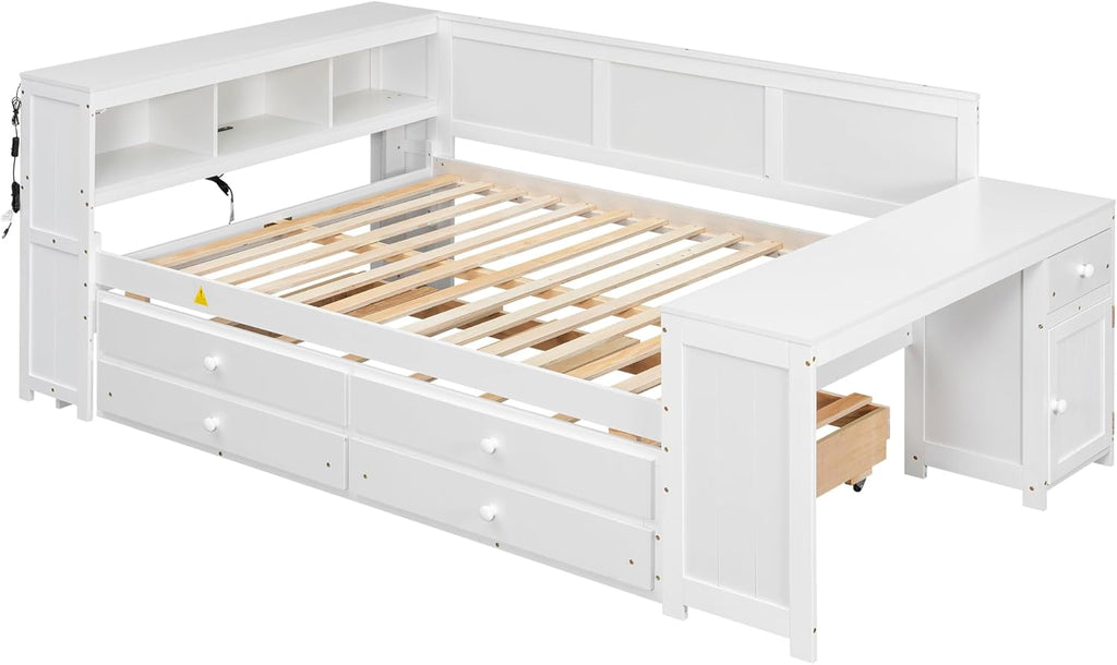 Full Size Daybed with Storage Shelves,Drawers,Trundle,Charging Station,LED Light,Desk and Cabinet, White