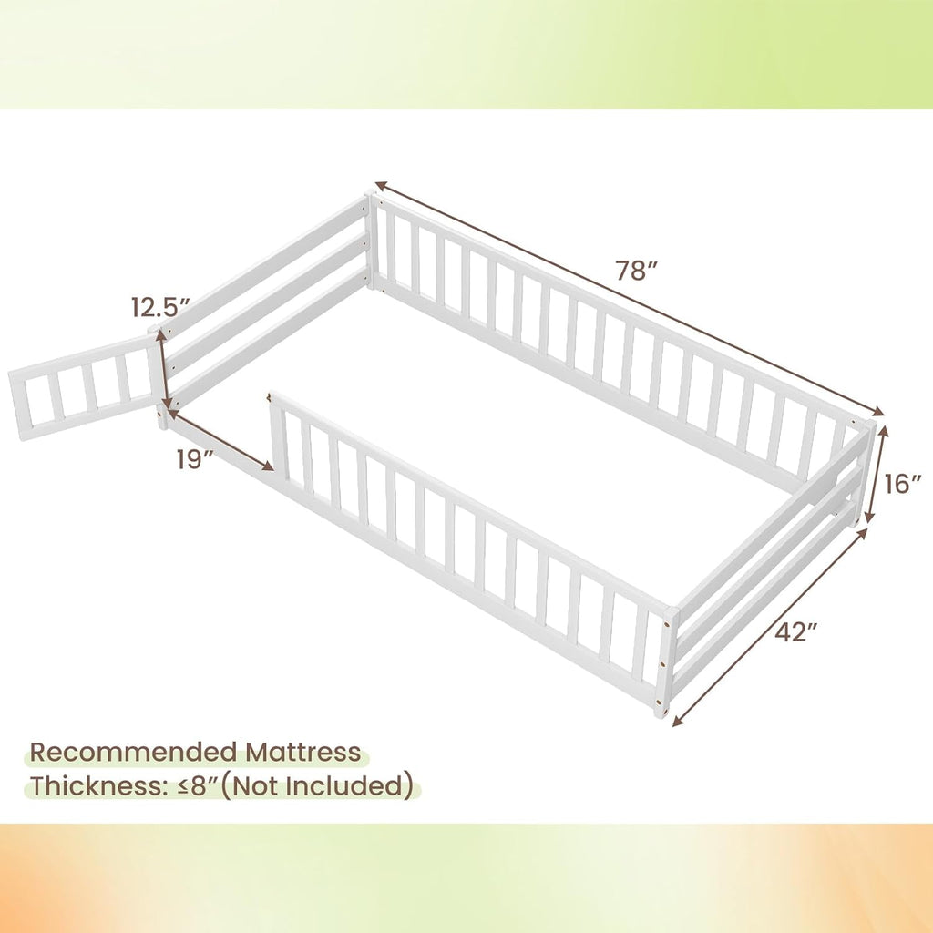 Twin Floor Bed for Kids, Wood Montessori Bed with Safety Guardrails, Floor Bed Frame for Kids, Boys, Girls, No Box