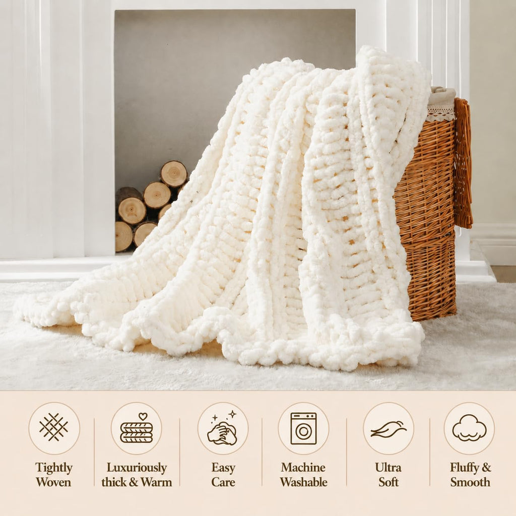 Chunky Knit Throw Blanket, Hand Made Chenille Throw Blanket, Super Soft Warm Cozy Cream White Blanket, 50"x60"