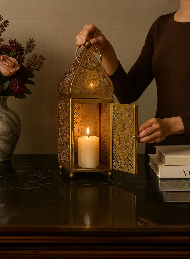 Moroccan Lightweight Thin Gold Ornate Candle Lantern, Antique Gold Lantern, Decorative Candle Holders for Indian