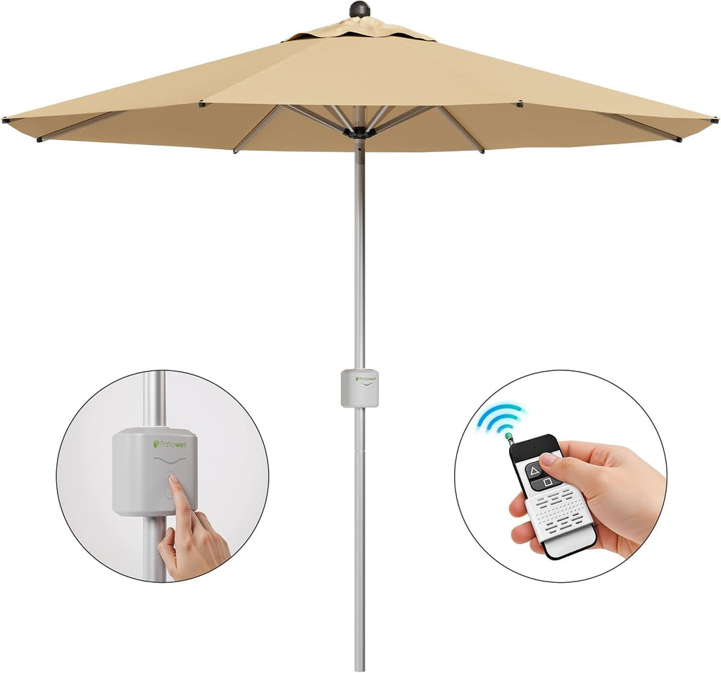 9 FT Motorized Patio Umbrella, Remote Outdoor Umbrella with Heavy Duty Aluminum Frame