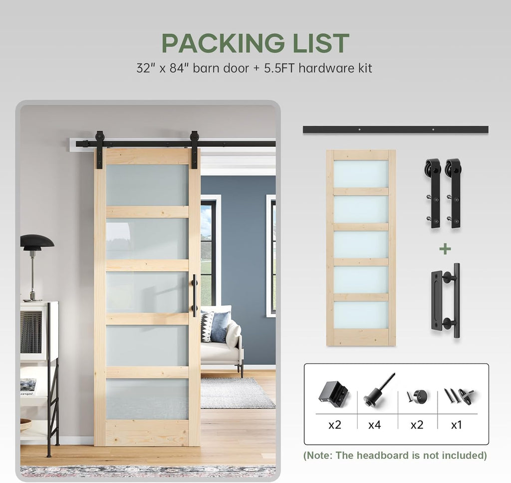 32x84 inch Glass Sliding Barn Door Slab with 5.5ft Hardware Kit Included, 5-Panel Frosted Glass, Spr