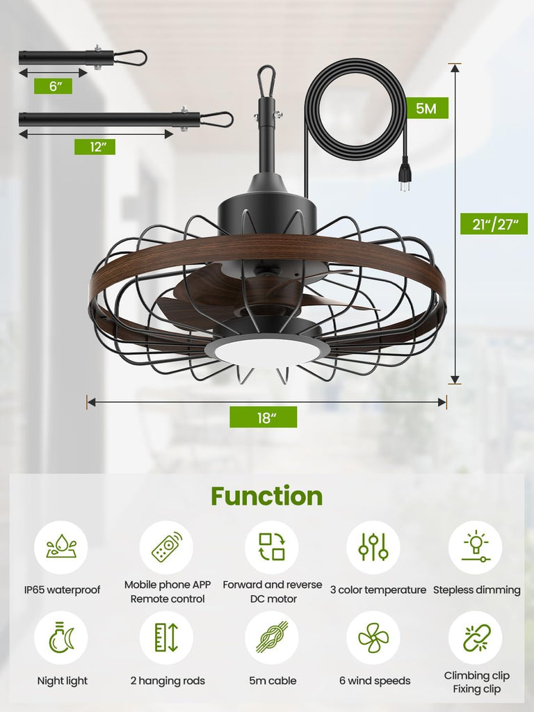 18 Inch Ceiling Fan Smart APP & Remote Control, 6 Speeds, 3 Color Temperatures, Gazebo Lights Outdoor Ceiling Fans for Patio Waterproof,Porch