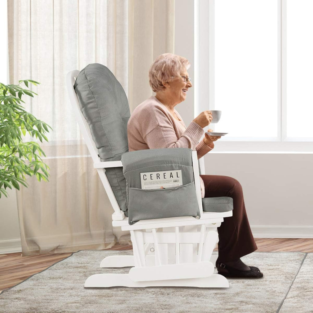 Nursery Glider with Ottoman, Upholstered Comfort Glider Rocker with Padded Cushion, Storage Pocket, Solid Wood Base