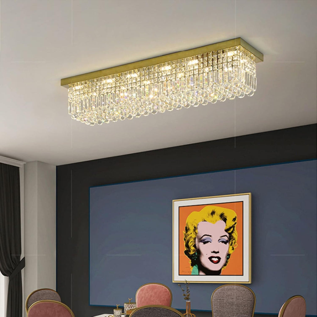 Rectangular Chandelier, Modern Dining Room Light Fixture with Raindrop Chandelier Crystals, 8 Lights Flush Mount