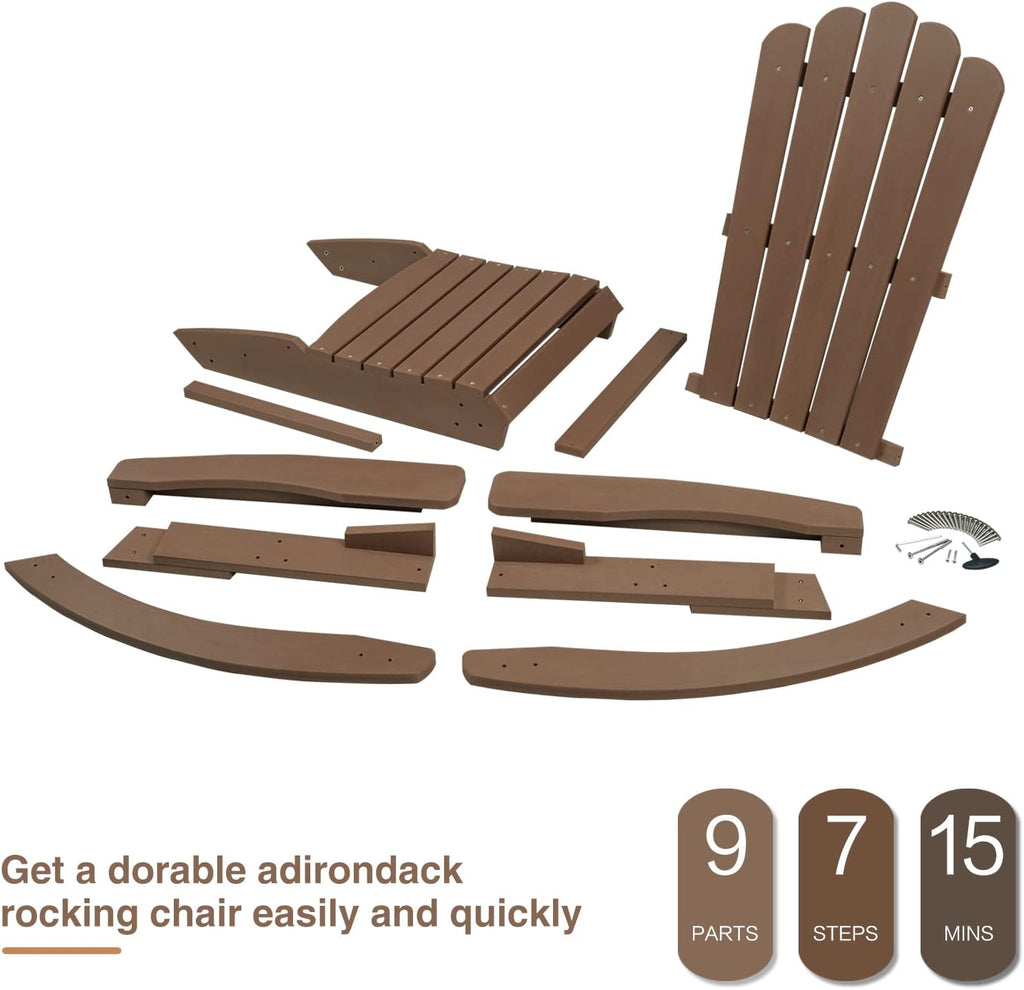 Adirondack Patio Rocking Chair, Brown | Eco-Friendly Wood-Style Outdoor Patio Rocker - Heavy Duty 350 lbs Capacity