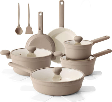 Ceramic Nonstick Pots and Pans Set 17pcs Taupe | Healthy nontoxic ceramic coating, compatible with all stoves