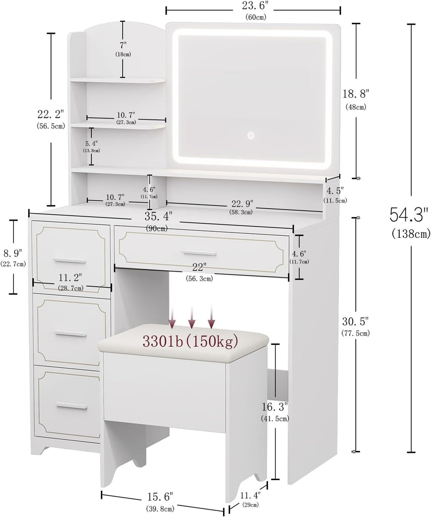 Vanity Table with LED Mirror & Power Outlet - 5 Open Shelves, 4 Drawers - Includes Padded Stool - Ideal Bedroom