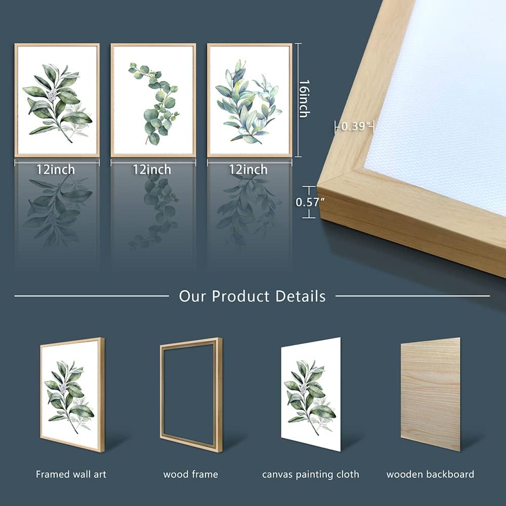 Framed Canvas Wall Art Wall Decor Green Leaves Plants Watercolor Painting Office Wall Pictures Kitchen Wall