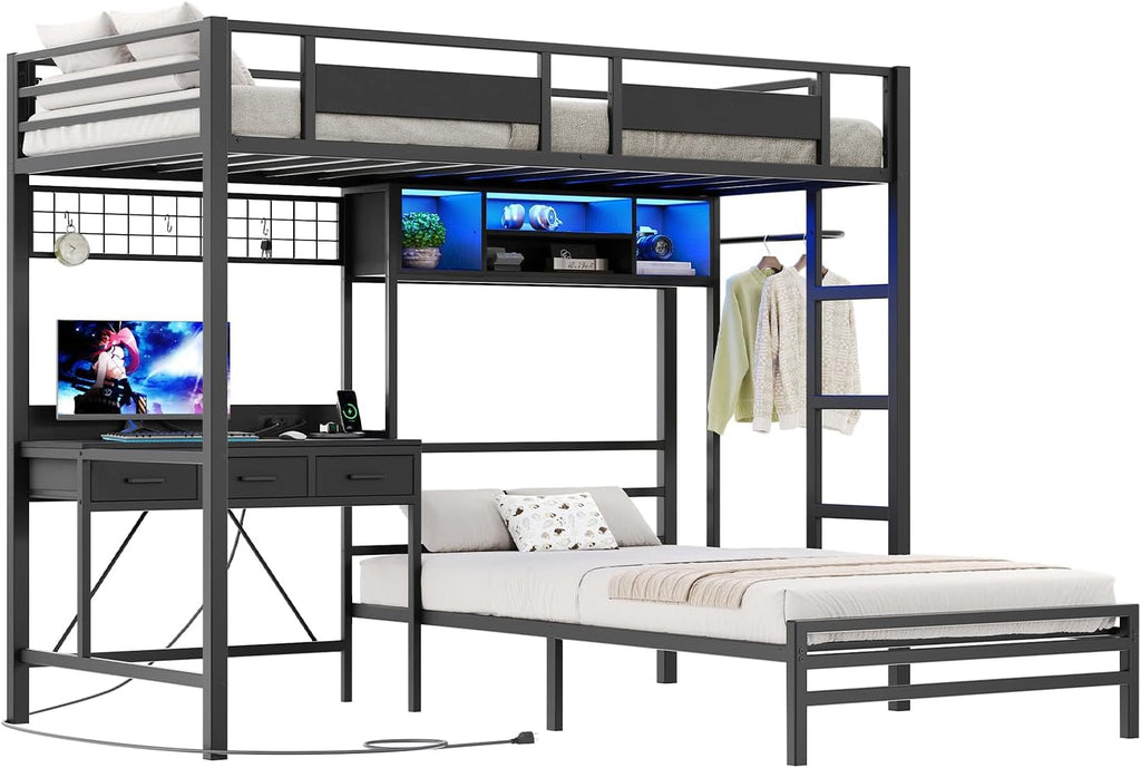 Twin Over Twin Bunk Bed with Desk with 3 Drawers & Storage Shelves, Twin Bunk Bed with Charging Station & LED Lights