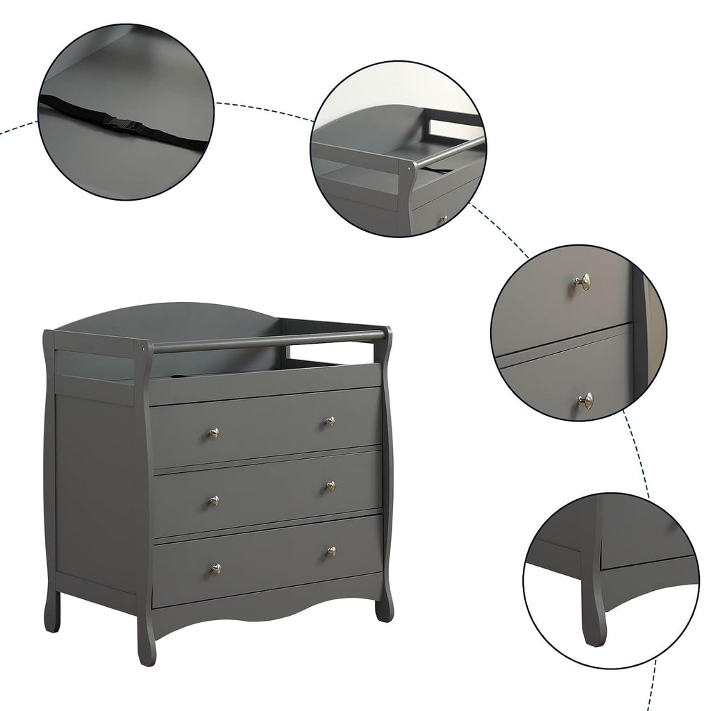 Changing Table Dresser Baby Diaper Changing Station Infant Nursing Table with 3 Drawers, Safety Rail & Strap , Gray |