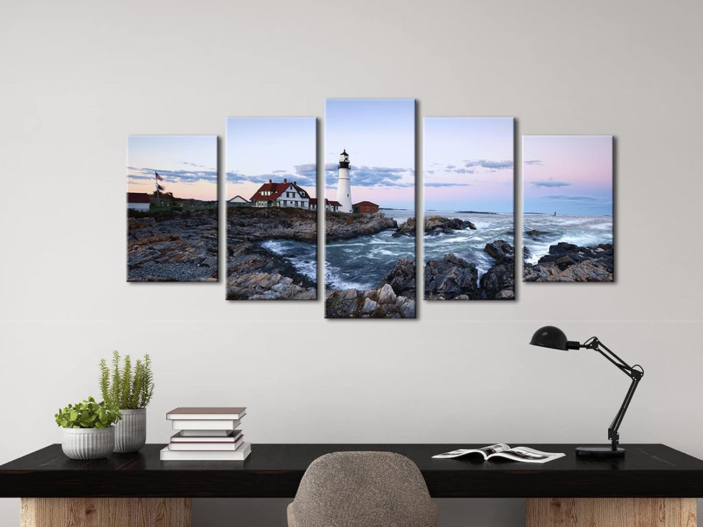 Large Canvas Prints Wall Art Portland Lighthouse Landscape Pictures to Photo Paintings Bathroom Home Decoration Wall - Set of 5
