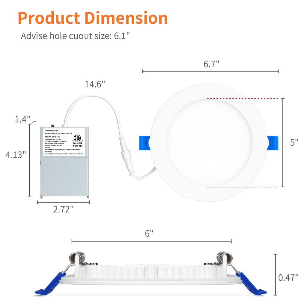6 Pack 6 Inch 5CCT LED Recessed Lighting, Canless Wafer Downlight