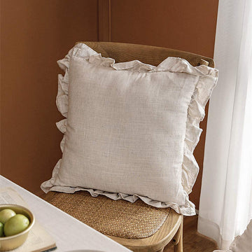 100% French Linen Throw Pillow Covers - Set of 2 - Washed Flax Decorative Ruffled Square Cushion Cover Solid Color