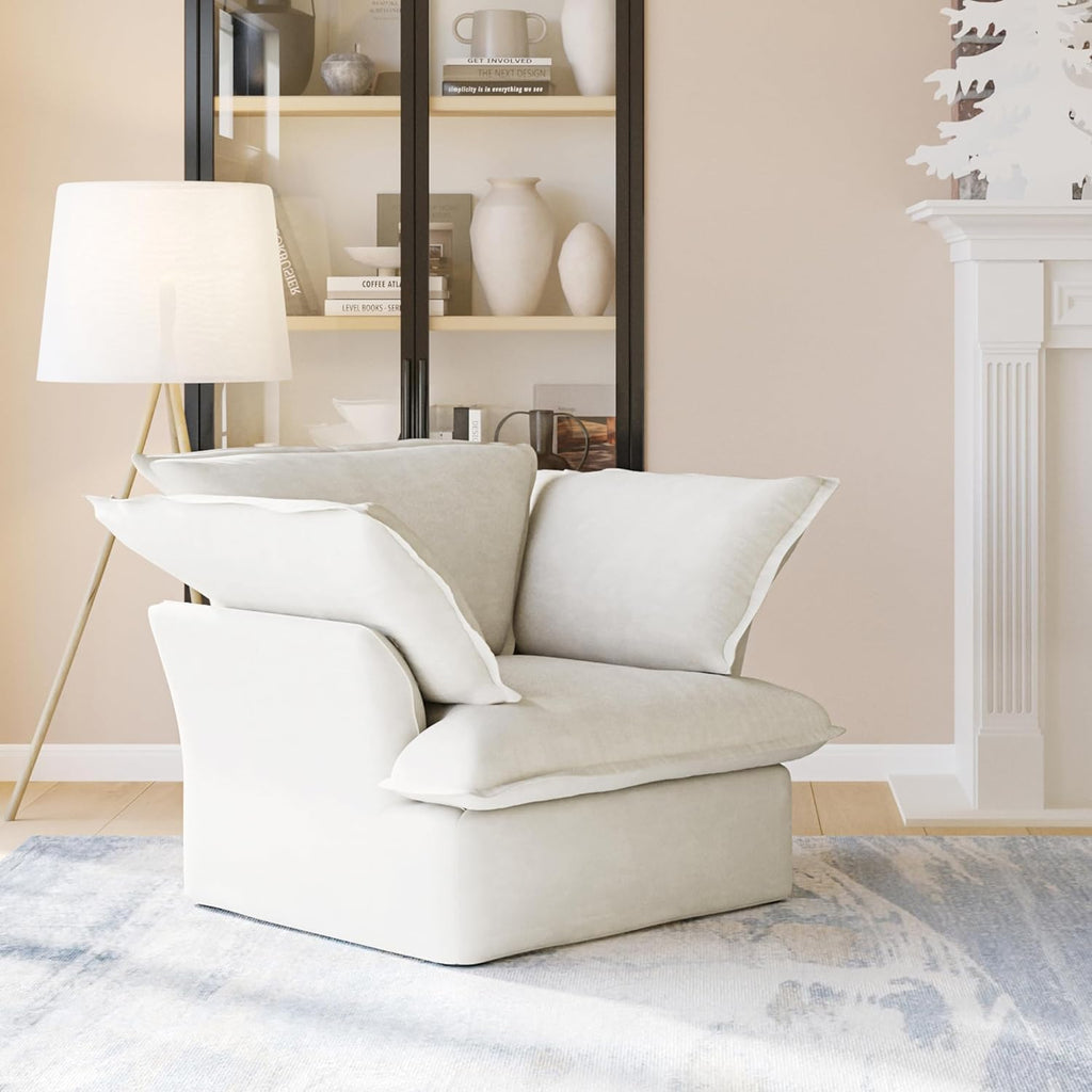 43" Modern Comfy Couch Chair with Thick Cushion, Couch Single Accent Chair Deep Seat Sofa Couches, Hemp Velvet Sofas Furniture for Small Spaces Living Room Bedroom Office Apartment (White) A124-B0CZ8VQRJ1