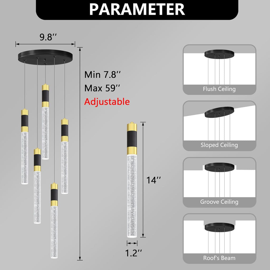 5-Lights Chandelier Kitchen Island LED Pendant Lights Dimming Lighting Modern Crystal Adjustable Hanging Light