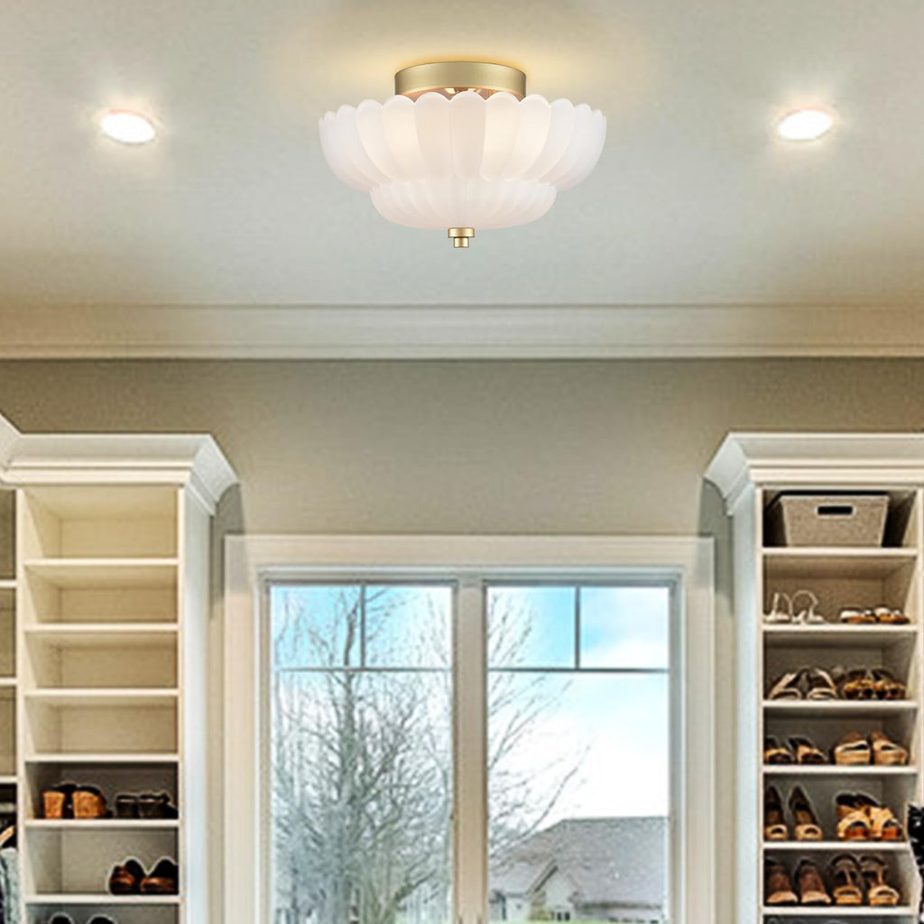 Gold Flush Mount Ceiling Light with Scalloped Frosted Milk Glass | Modern Brass Semi Flush Mount Ceiling Light