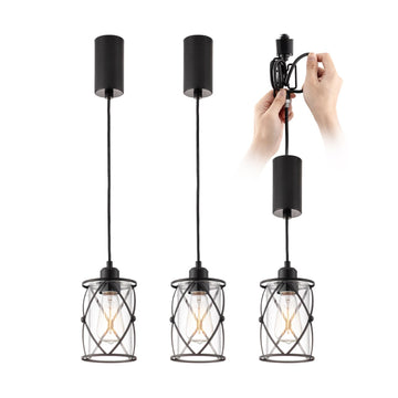 H-Type Black Track Lighting Pendant with Dotted Cage Clear Glass, Adjustable Hanging Light, E26 Socket, Pack of 3