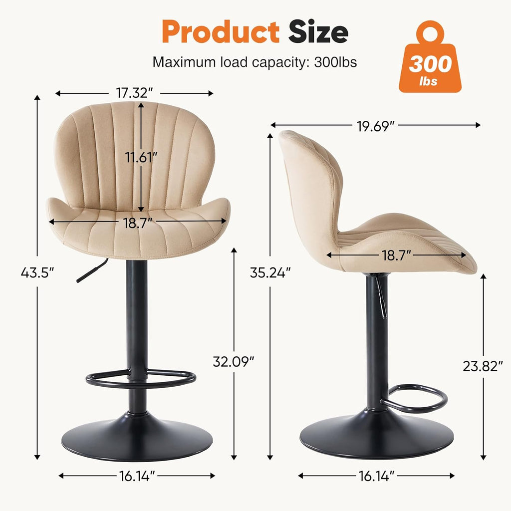 Bar Stools Set of 2, Modern Swivel Bar Chairs, Adjustable Fabric Upholstered Barstools Counter Height with Backrest