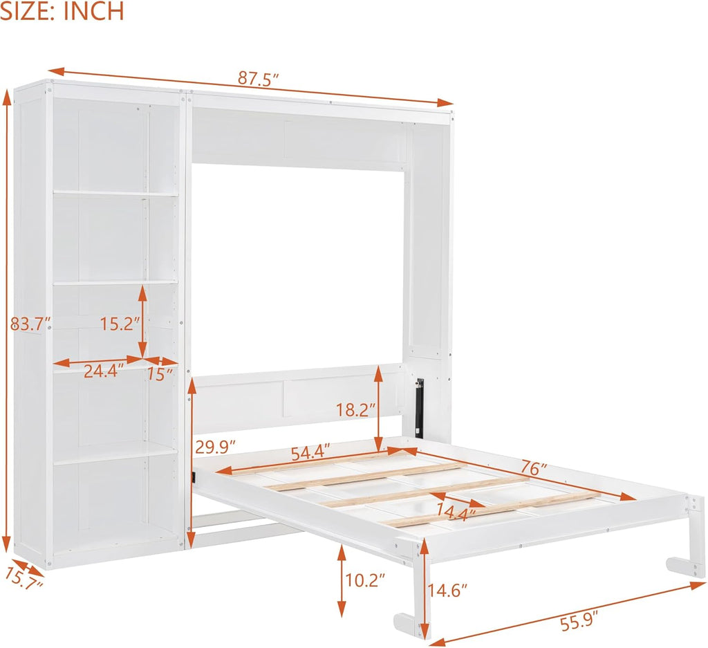 Murphy Bed with Shelves, Versatile Wall Bed, Foldable Murphy Cabinet, Full, White