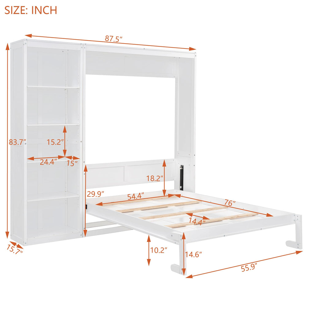 Space-Saving White Murphy Bed Full Size with Adjustable Storage Shelves, Multifunctional Foldable Wall Bed for Small