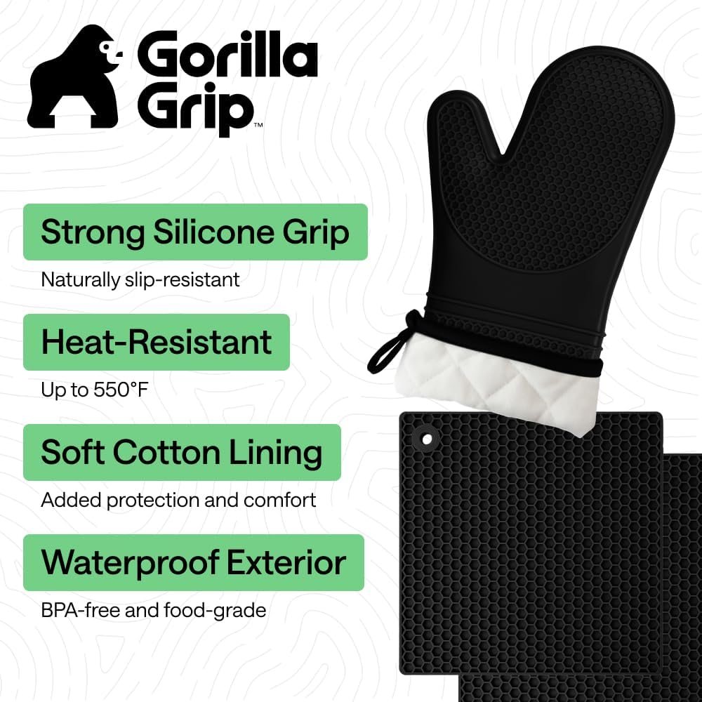 BPA-Free Soft Silicone Oven Mitts and Pot Holders Sets of 4, Heat Resistant Waterproof Cooking Gloves, Thick Cotton