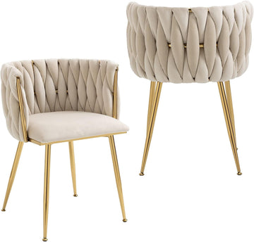 Modern Velvet Dining Chairs Set of 2 Hand Weaving Accent Chairs Living Room Chairs Upholstered Side Chair with Golden