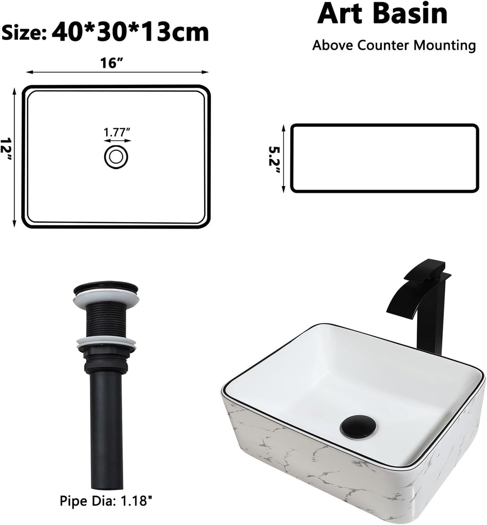 16 inch White Marble Ceramic Vessel Sink for Bathroom