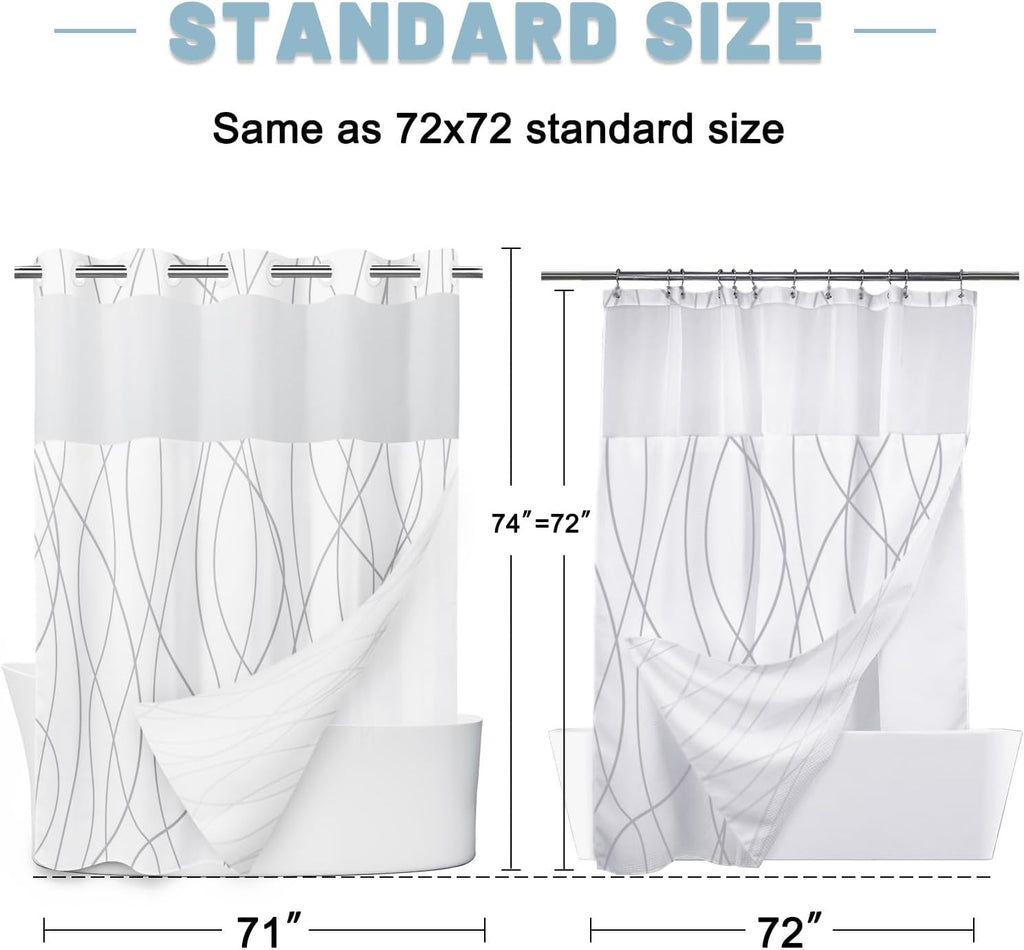 No Hook Grey White Striped Shower Curtain with Snap in Fabric Liner Set - Hotel Liner Set with See Through Mesh Top