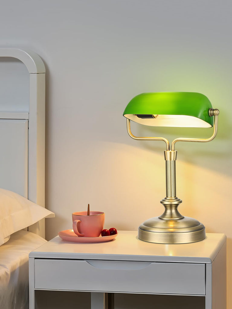 Vintage Banker Lamp, Antique Brass, Adjustable Green Shade, Touch Control
