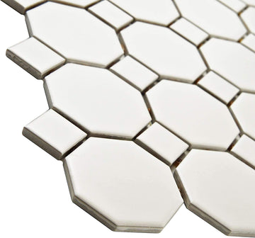 12x12 Matte White Octagon Porcelain Mosaic Tile with Matte White Dots Floor, Kitchen Backsplash, Shower Wall