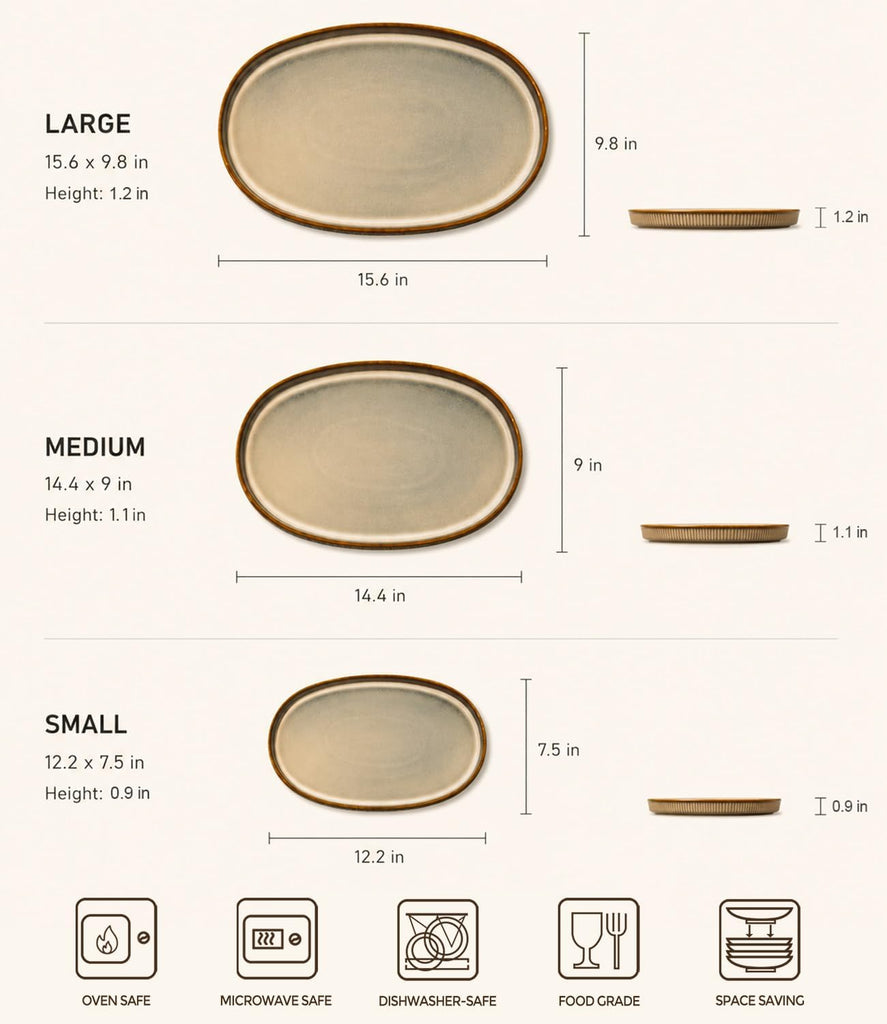 Ceramic Serving Platter Set of 3, Oval Serving Plates and Dishes | 15.6"/14.4"/12.2", Oven & Microwave & Dishwasher