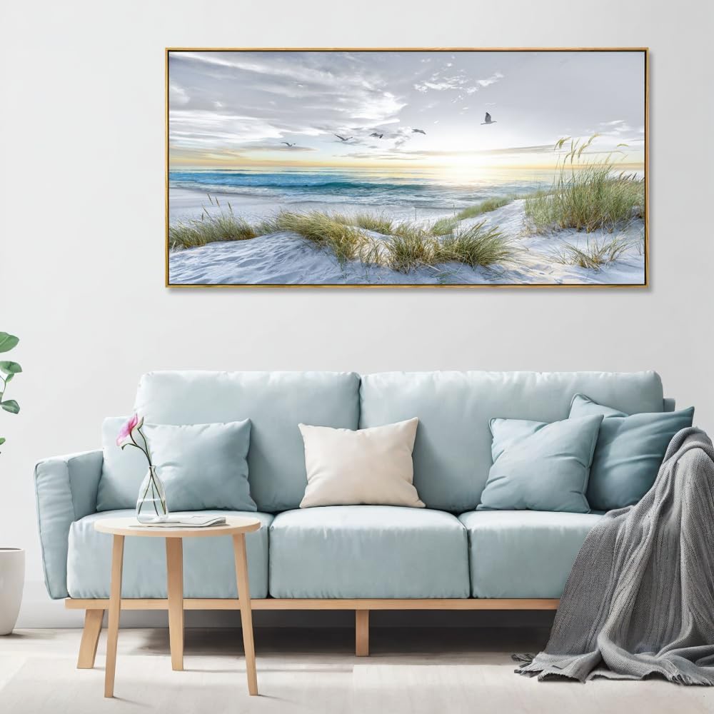Canvas Prints Wall Art Beach Sunrise Ocean Waves Beach Grass Nature Pictures Stretched Canvas Wooden Framed Bedroom