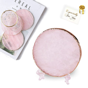 Rose Quartz Coaster Single with Stand (1Pcs), Pink Round Agate Coaster for Drinks, Natural Rose Crystal Stone with