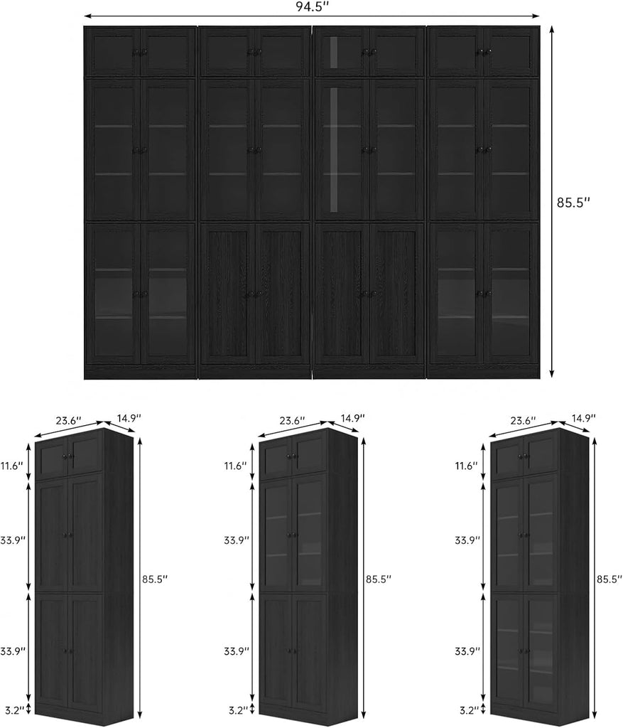 85.5" Modern Bookcase with Glass Doors Set of 4, 7-Tier Tall Wooden Bookshelf with Storage, Large Curio Cabinet