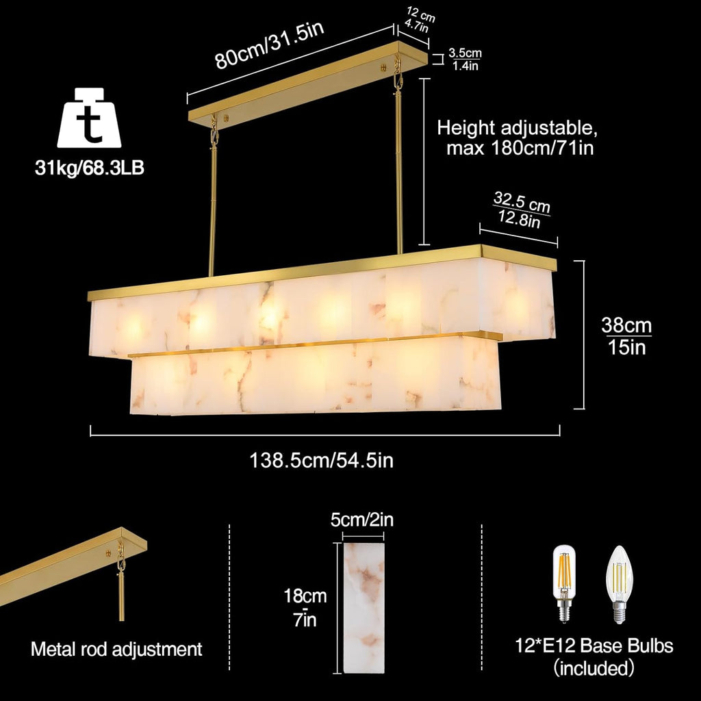 Rectangle Alabaster Chandelier, L55 Marble Rectangular Chandeliers for Dining Room, 2 Tiers Gold Dining Room Chandelier Over Table Brass Modern Cahndeliers for Kitchen Island(Include 12 Bulbs)