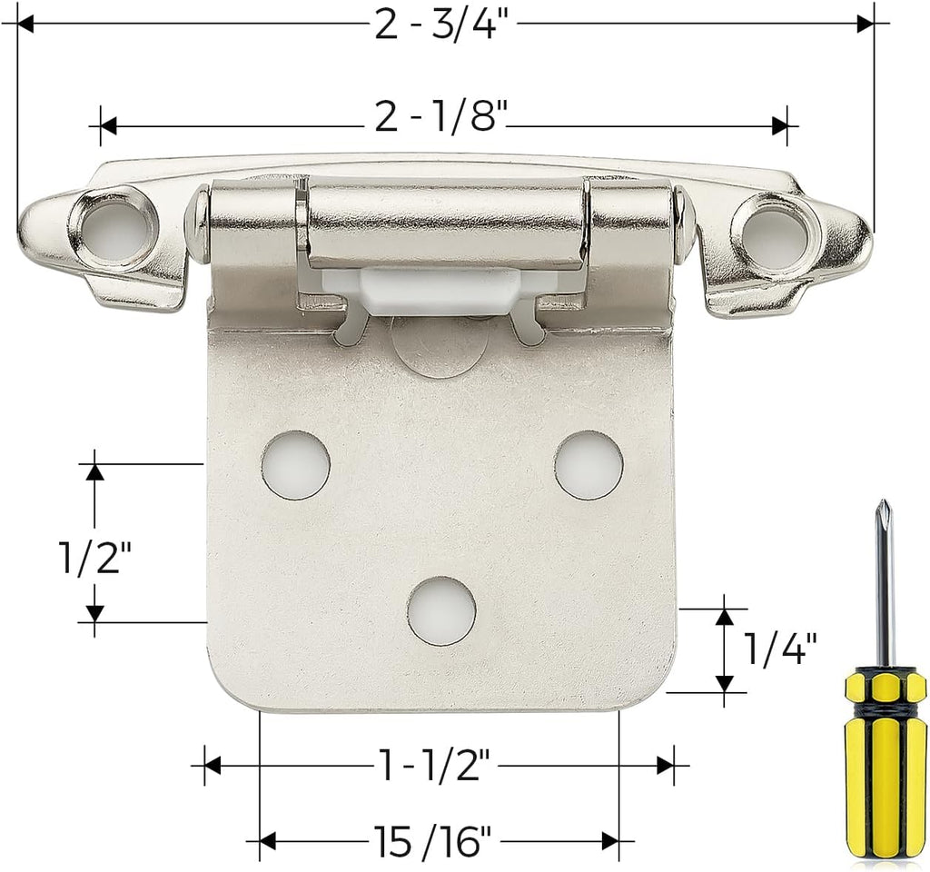 50 Pack 25 Pairs 1/2 Inch Overlay Cabinet Door Hinges Kitchen Satin Nickel Semi-Concealed Face Mount Self-Closing