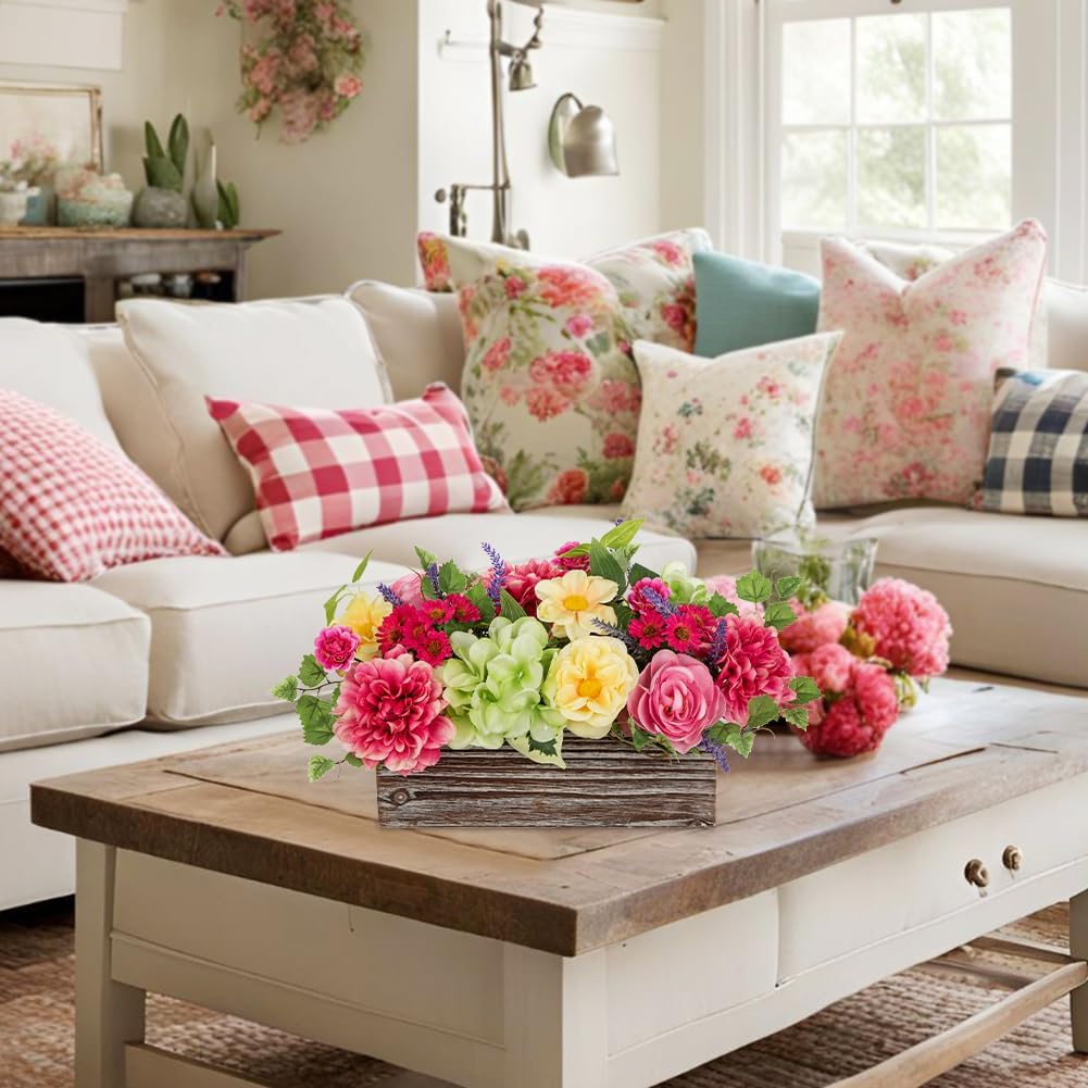 Spring Faux Floral Table Centerpiece with Rustic Wooden Planter Box, Artificial Flower Arrangement with Silk Dahlias