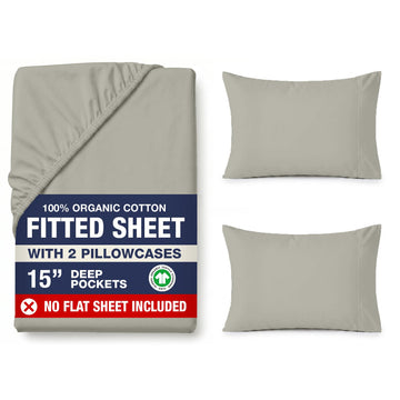 Full Fitted Sheet & Pillowcases (No Flat Sheet) - 100% Organic Cotton Soft & Breathable Percale Weave Fitted Sheet