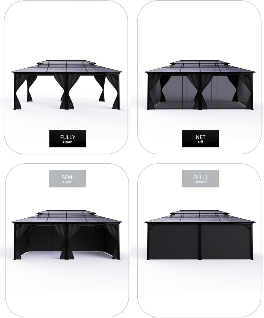 Hardtop Gazebo 12 ft x20 ft for All Weather, Double Polycarbonate Sheets Roof, Aluminum Alloy Frame, Net