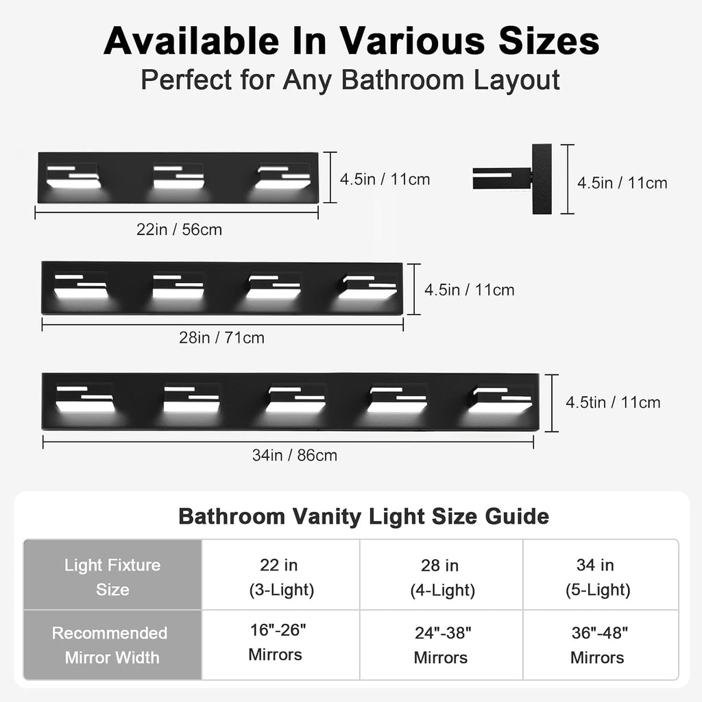 LED Modern Bathroom Vanity Light Fixtures, Dimmable Matte Black Vanity Lights Lighting Fixtures Over Mirror, with