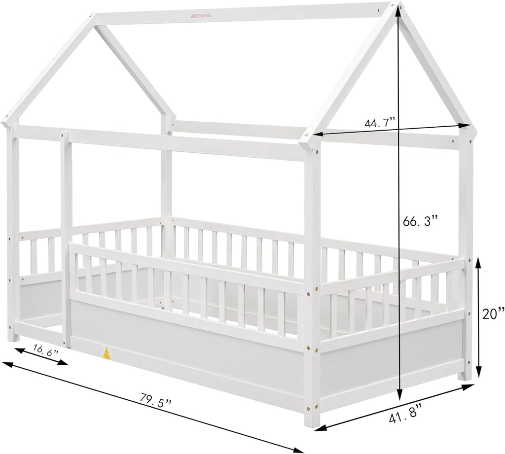 Kids Montessori Bed Twin Size, Twin Floor Bed with High Fence, House Beds for Kids, Girls, Boys, Wood Montessori
