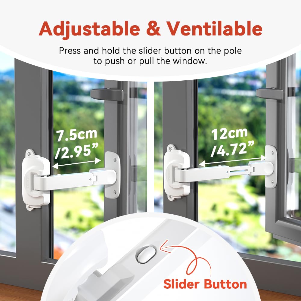 2 Pack Updated Baby Window Safety Lock, Childproof Window Restrictor for UPVC, Adjustable Winodw Guard for Wooden