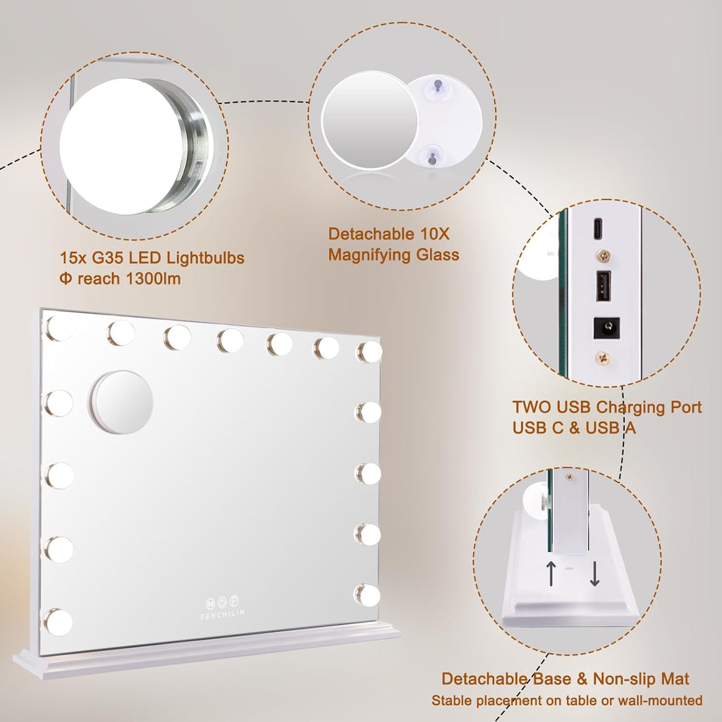 Vanity Mirror with Lights, Hollywood Lighted Makeup Mirror with 15 Dimmable LED Bulbs for Dressing Room & Bedroom