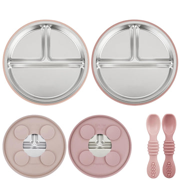 Baby Feeding Set 4 Pcs, 2 Pack Stainless Steel Suction Plates & 2 Pack Spoons Set, Divided Plates for Baby Led
