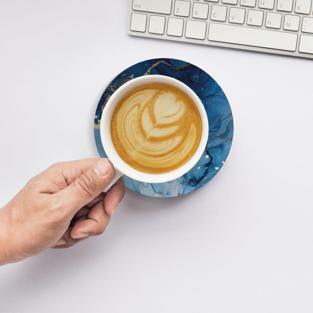 6 Pcs Ceramic Coasters with Holder Absorbent Drink Round Navy Blue Gold Marble Agate Style Design Table Coffee Cup