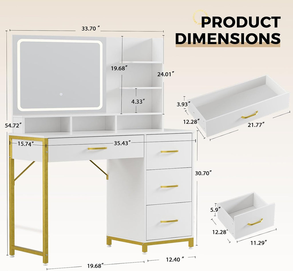 Vanity Desk with LED Lights Mirror, Makeup Vanity with Storage Drawers and Shelves, Modern Dressing Table for Women