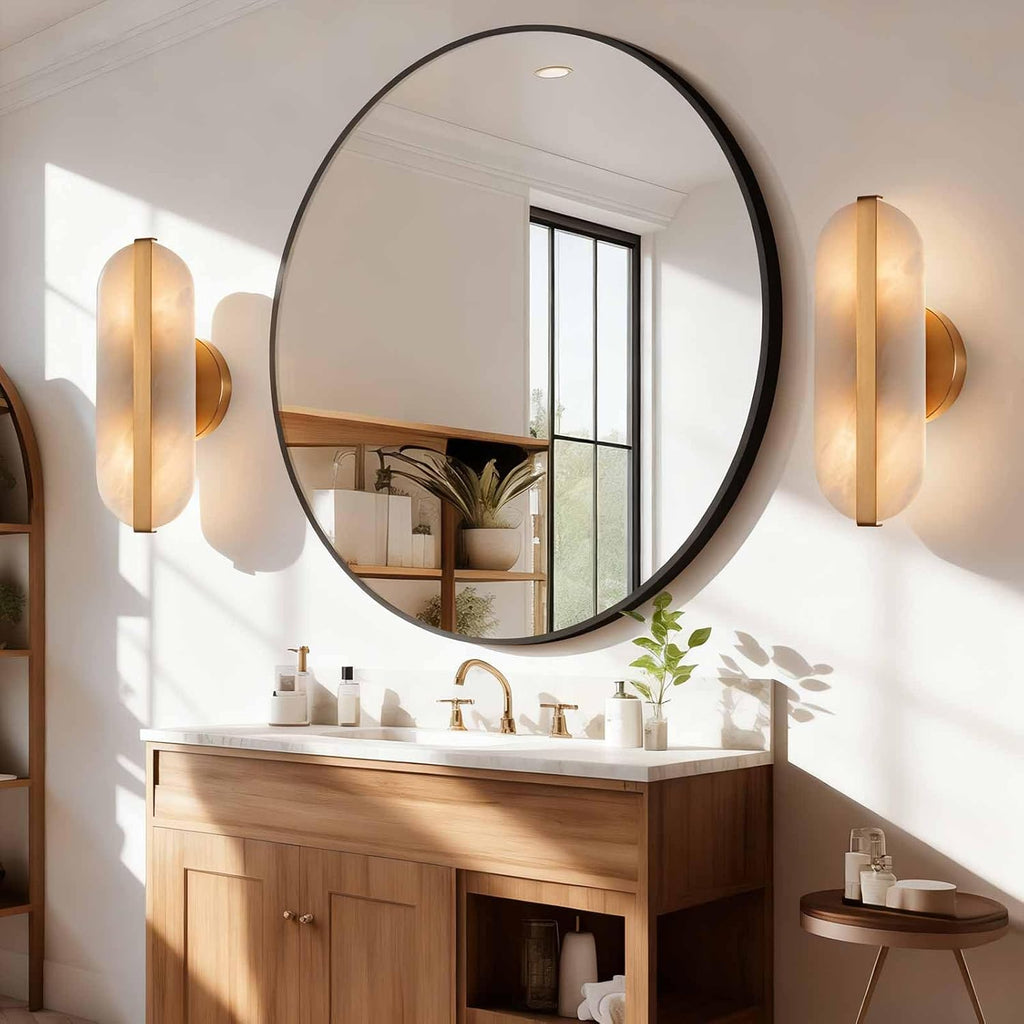 Natural Alabaster Wall Sconces Set of Two Marble Wall Sconces Gold Bathroom Vanity Wall Light Fixtures Modern Oval