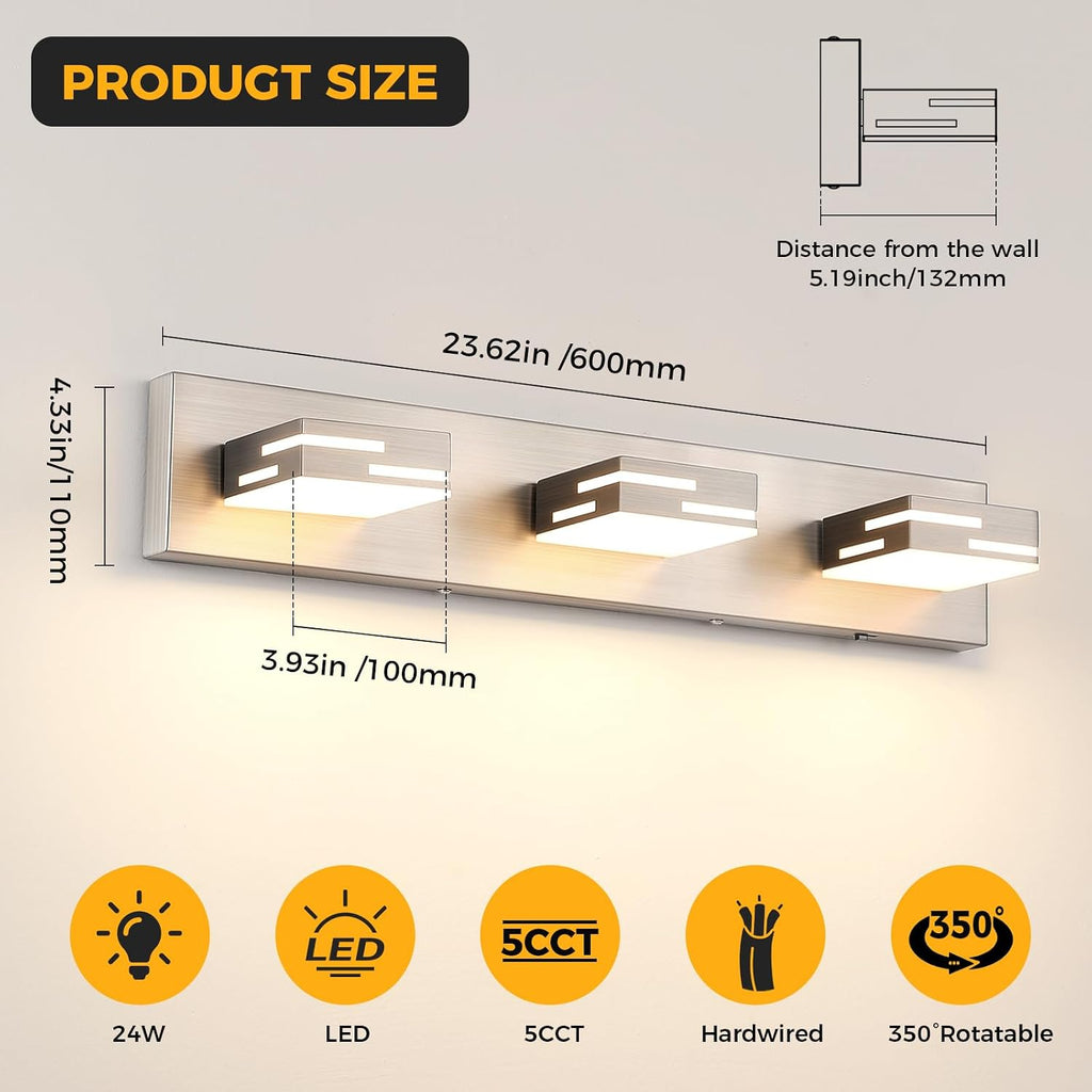 3-Light 5CCT Modern Bathroom Vanity Light Fixtures, 24-Inch 350° Rotatable LED Vanity Lights Over Mirror, Dimmable